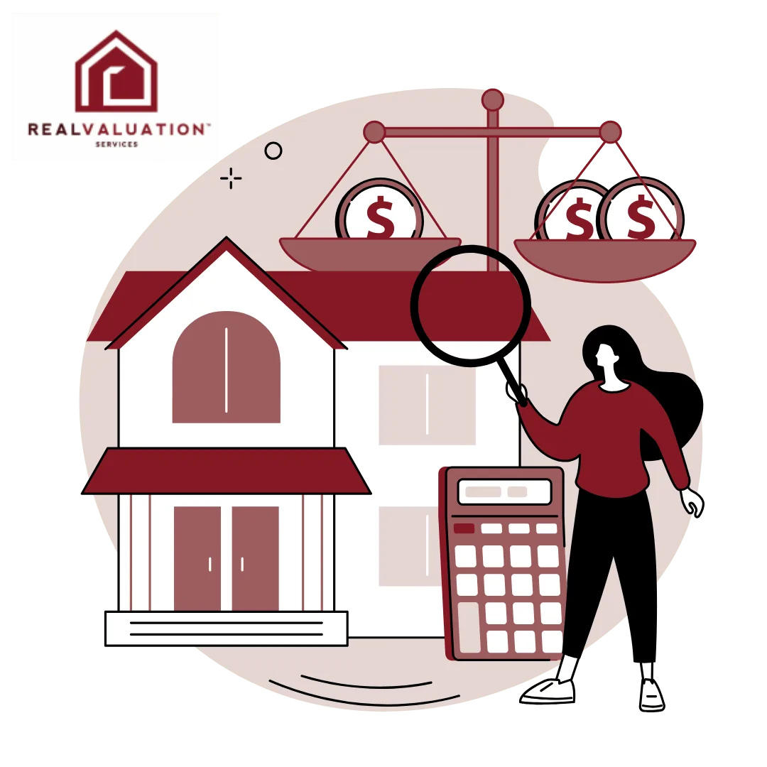 House valuation illustration with scale and calculator.