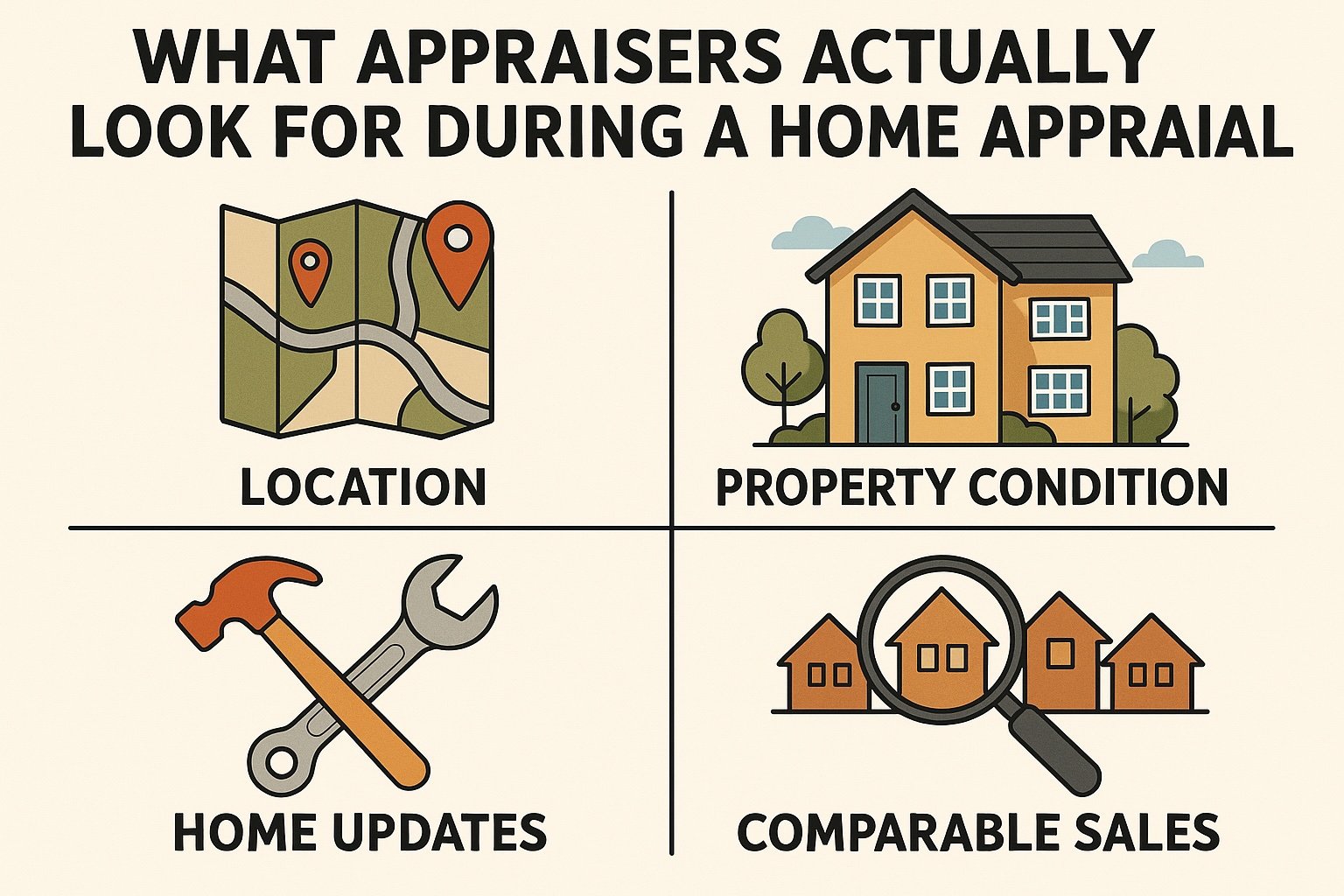 Key factors in home appraisal: location, condition, updates, sales.
