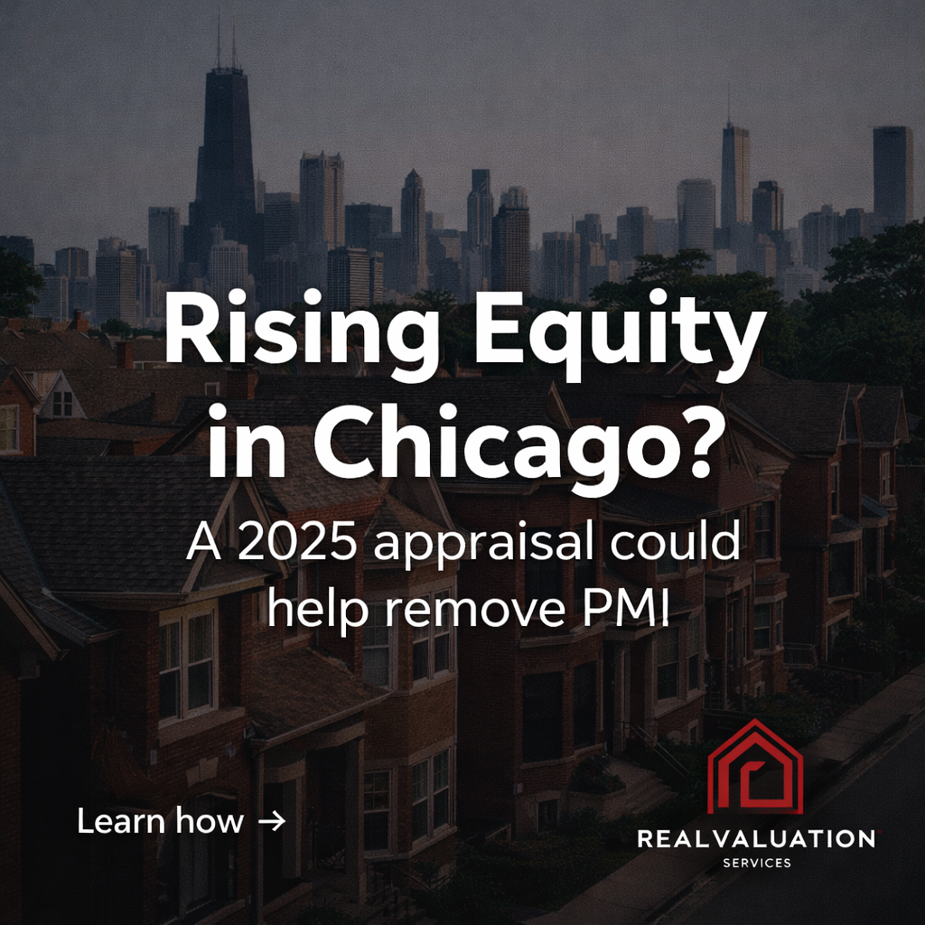 Chicago skyline with real estate appraisal message.