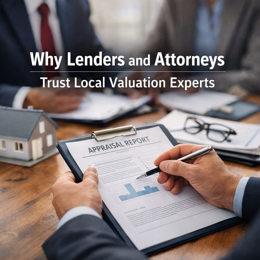 Lenders, attorneys reviewing appraisal report, trust experts.