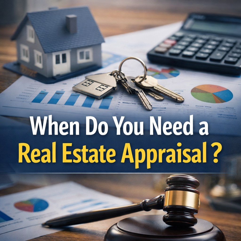 Real estate appraisal essentials: house, keys, gavel, charts.